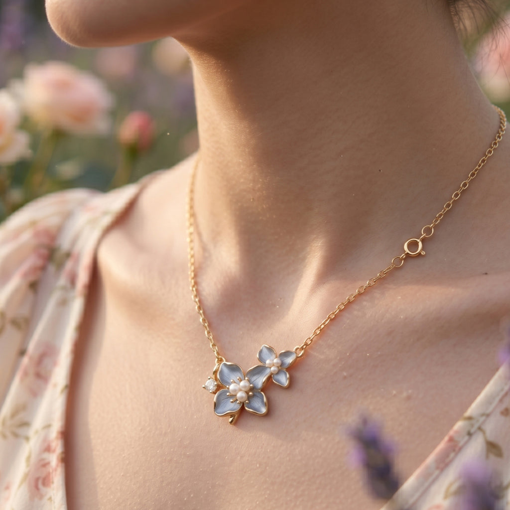 Blue Enamel Double Flower Pearl Station Necklace 18k gold vermeil