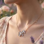 Blue Enamel Double Flower Pearl Station Necklace 18k gold vermeil