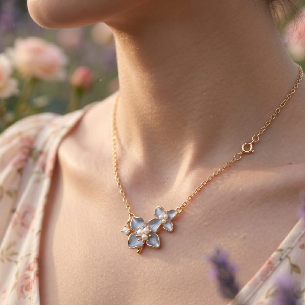 Blue Enamel Double Flower Pearl Station Necklace 18k gold vermeil