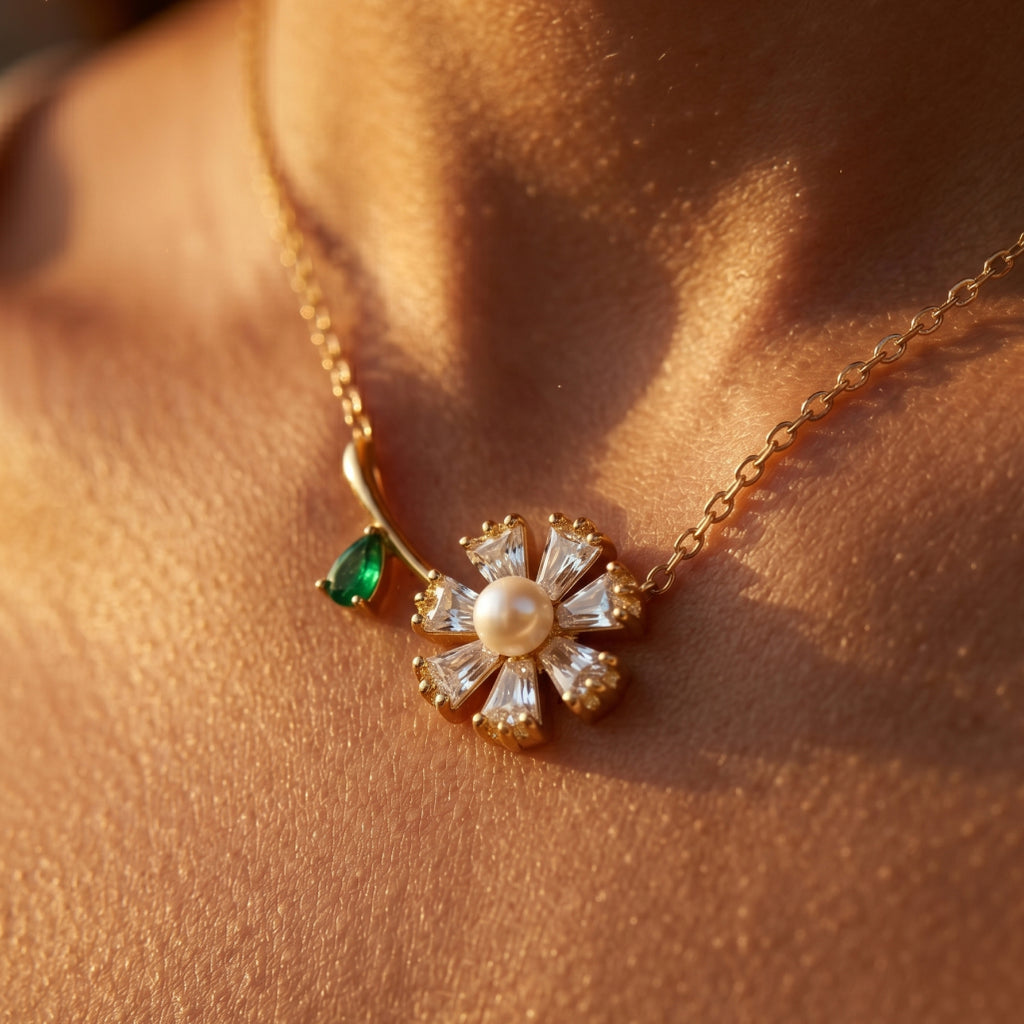 Pearl Centre Daisy Stem Necklace 18k gold vermeil