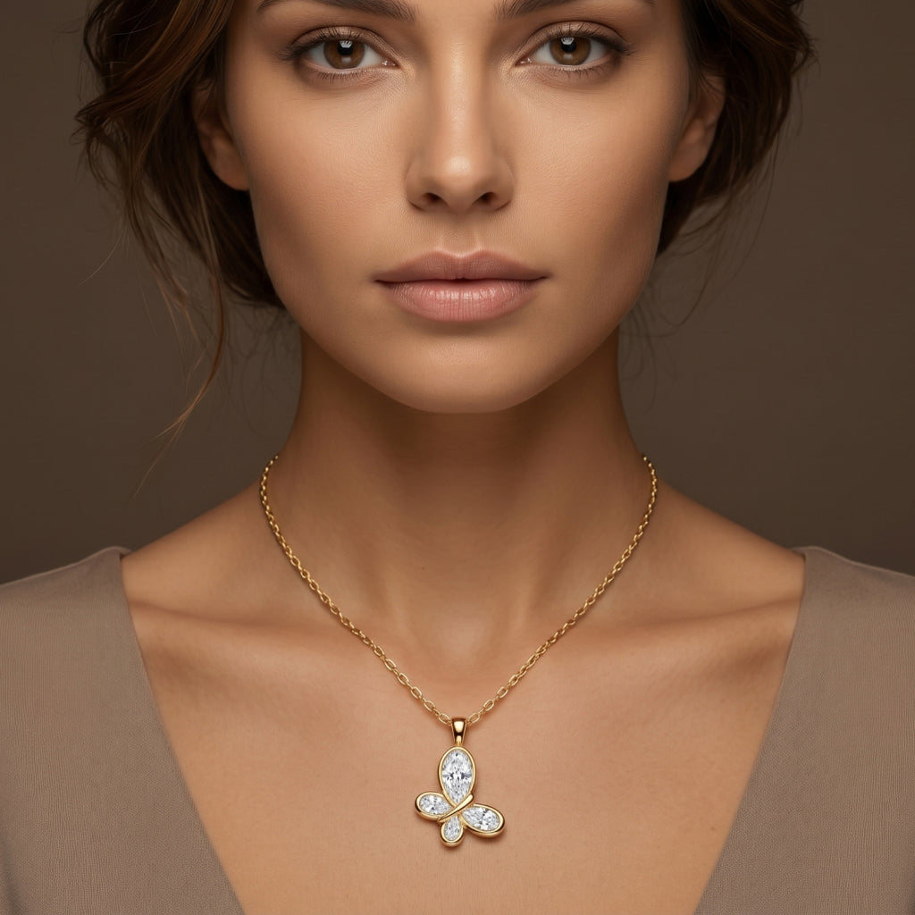 CZ Bezel Butterfly Pendant Necklace 18k gold vermeil