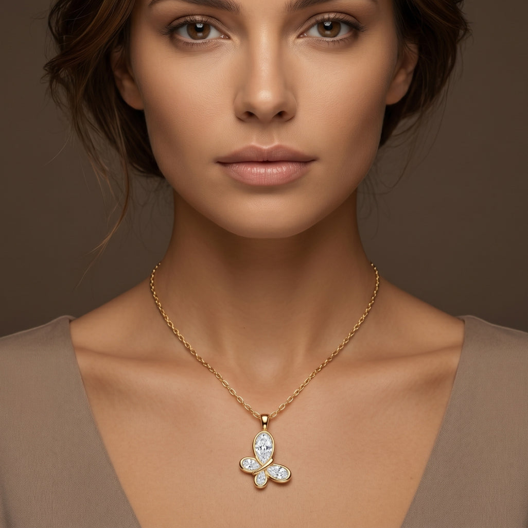 CZ Bezel Butterfly Pendant Necklace 18k gold vermeil