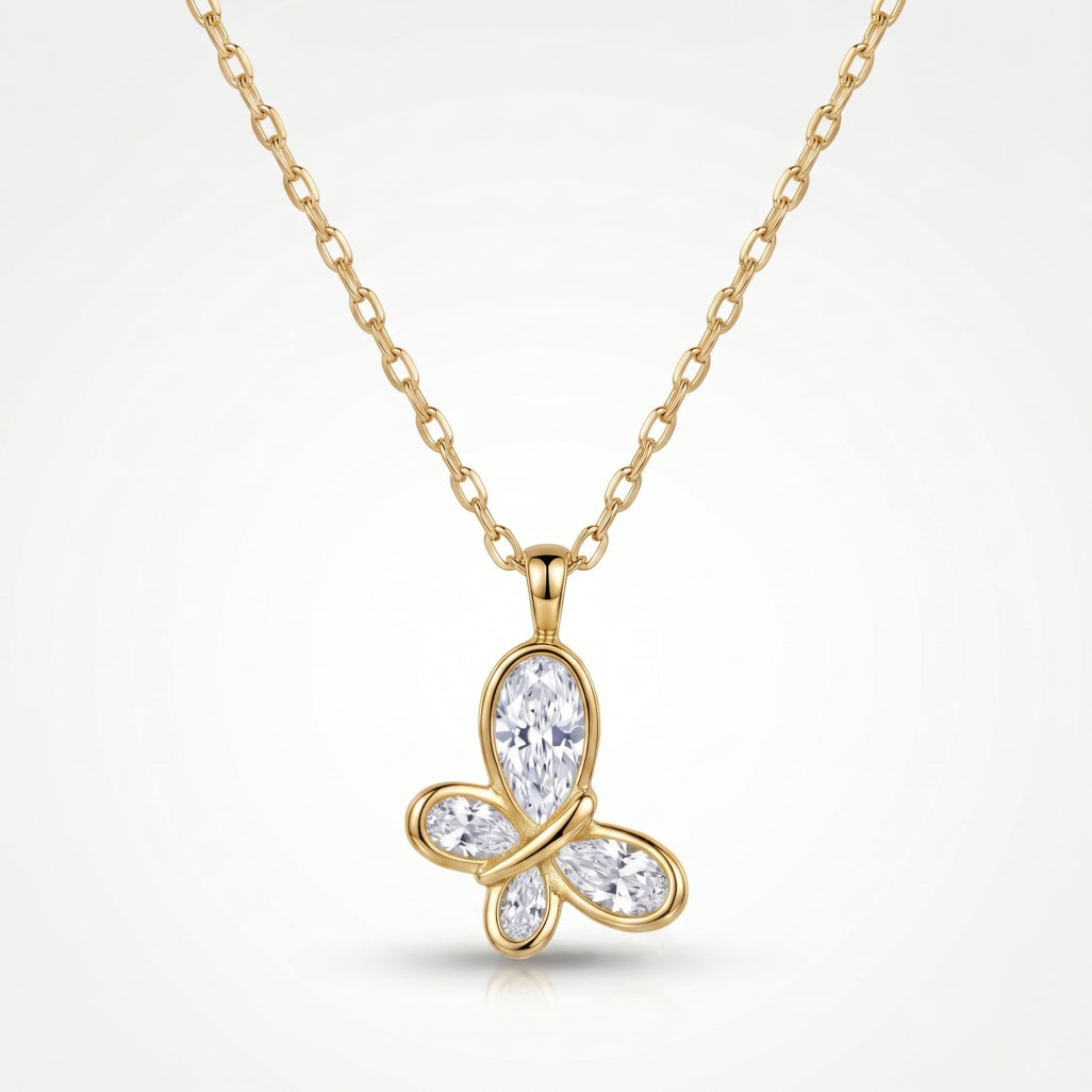 CZ Bezel Butterfly Pendant Necklace 18k gold vermeil