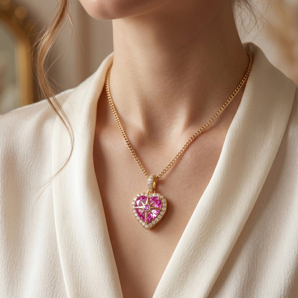 Pink Heart North Star Halo Pendant Necklace 18k gold vermeil