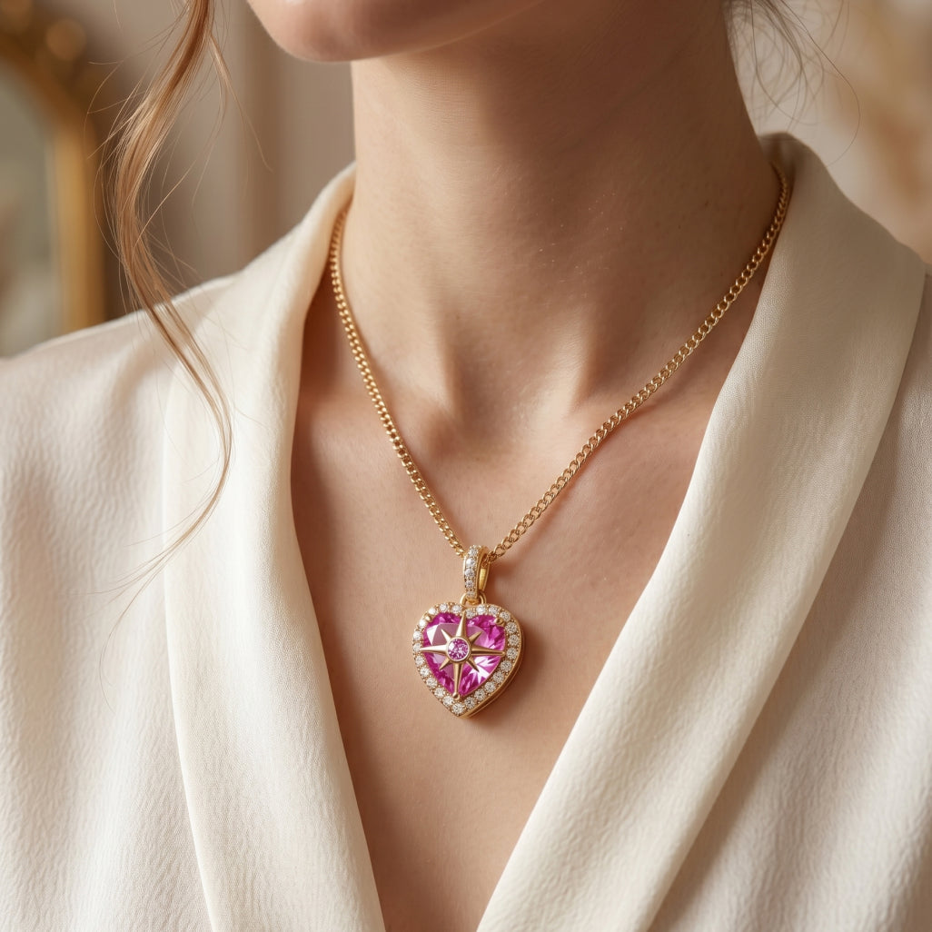 Pink Heart North Star Halo Pendant Necklace 18k gold vermeil