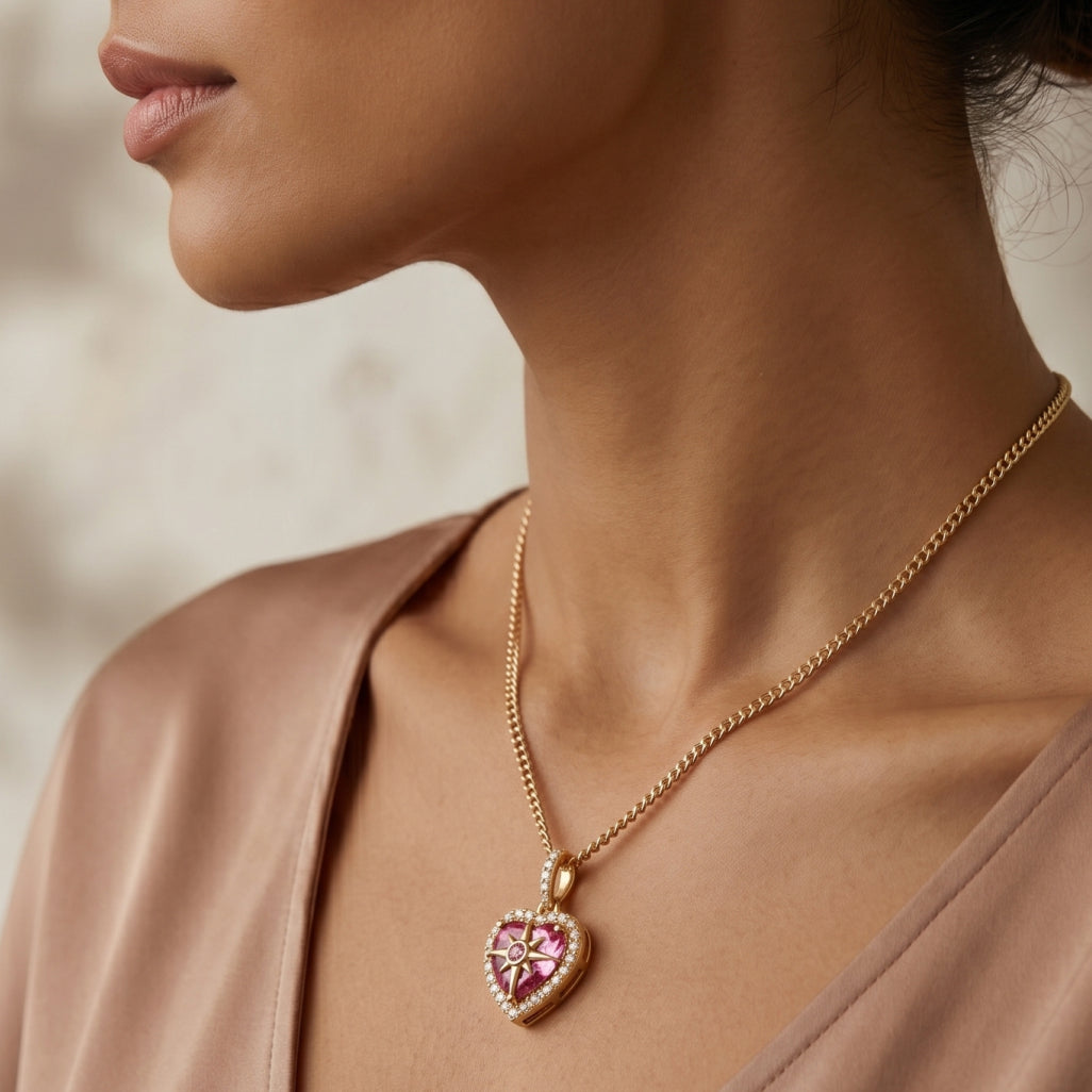 Pink Heart North Star Halo Pendant Necklace 18k gold vermeil