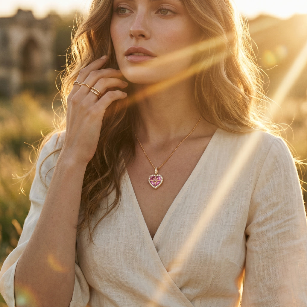 Pink Heart North Star Halo Pendant Necklace 18k gold vermeil