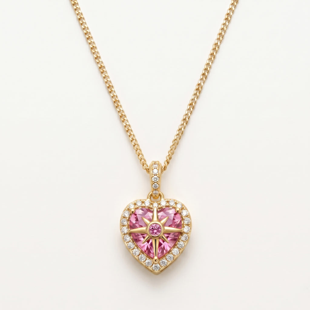 Pink Heart North Star Halo Pendant Necklace 18k gold vermeil