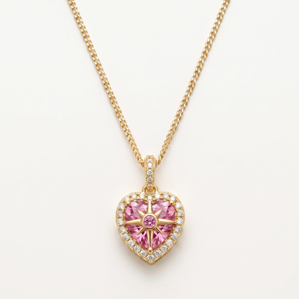 Pink Heart North Star Halo Pendant Necklace 18k gold vermeil
