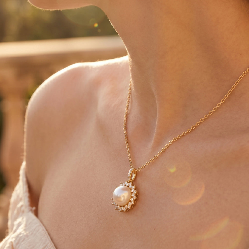 Pearl Starburst Halo Pendant Necklace 18k gold vermeil