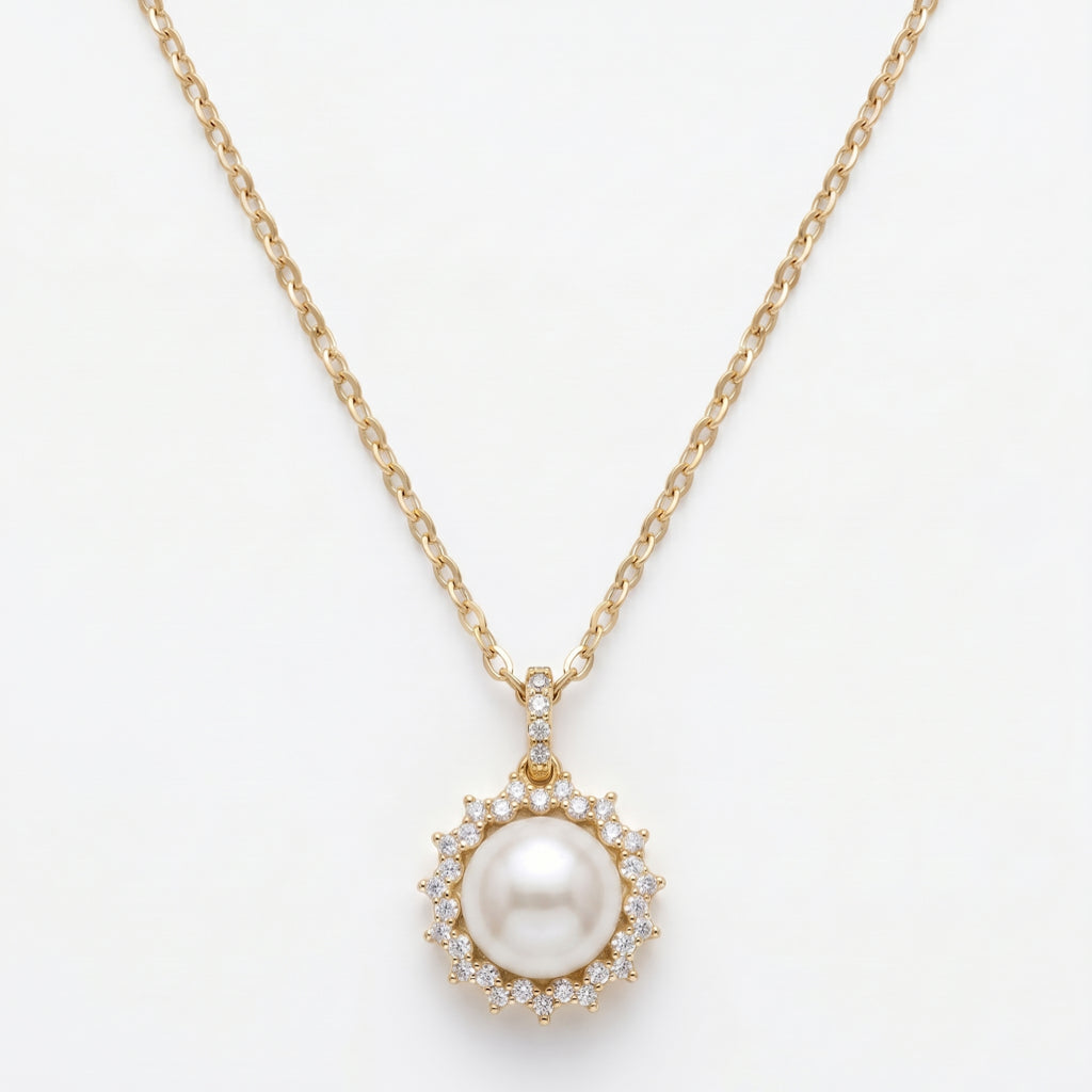 Pearl Starburst Halo Pendant Necklace 18k gold vermeil