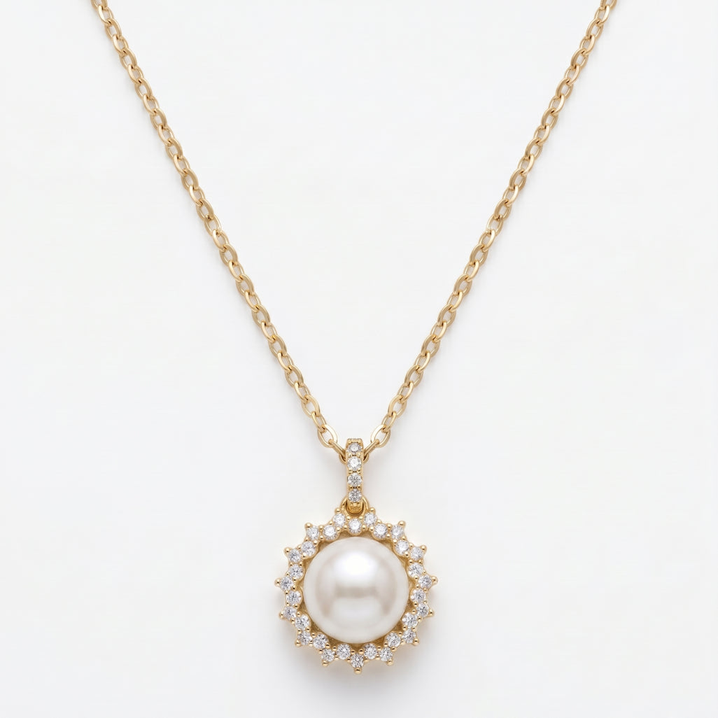 Pearl Starburst Halo Pendant Necklace 18k gold vermeil