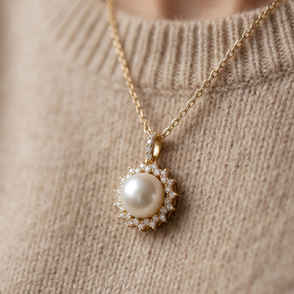 Pearl Starburst Halo Pendant Necklace 18k gold vermeil