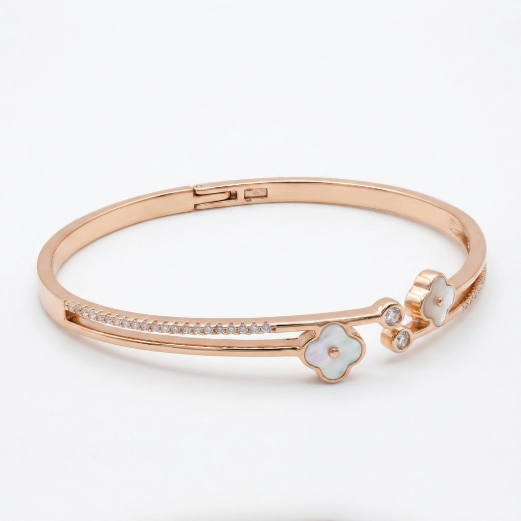 Rose Gold Mother of Pearl Clover Bangle Bracelet
