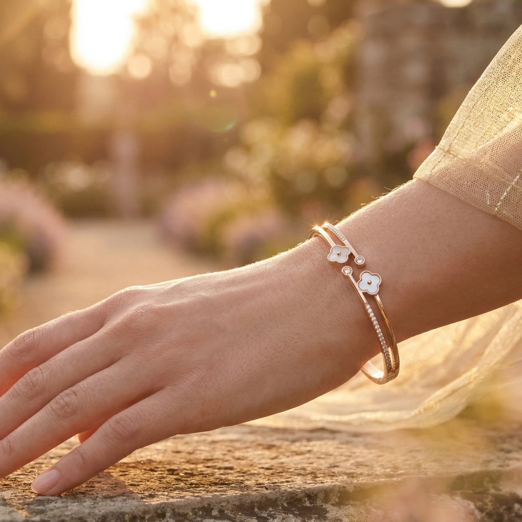 Rose Gold Mother of Pearl Clover Bangle Bracelet