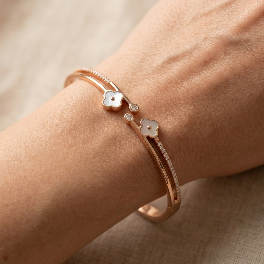 Rose Gold Mother of Pearl Clover Bangle Bracelet