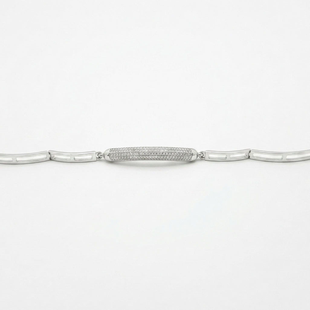 Silver Greek Key Pave Bar Link Bracelet