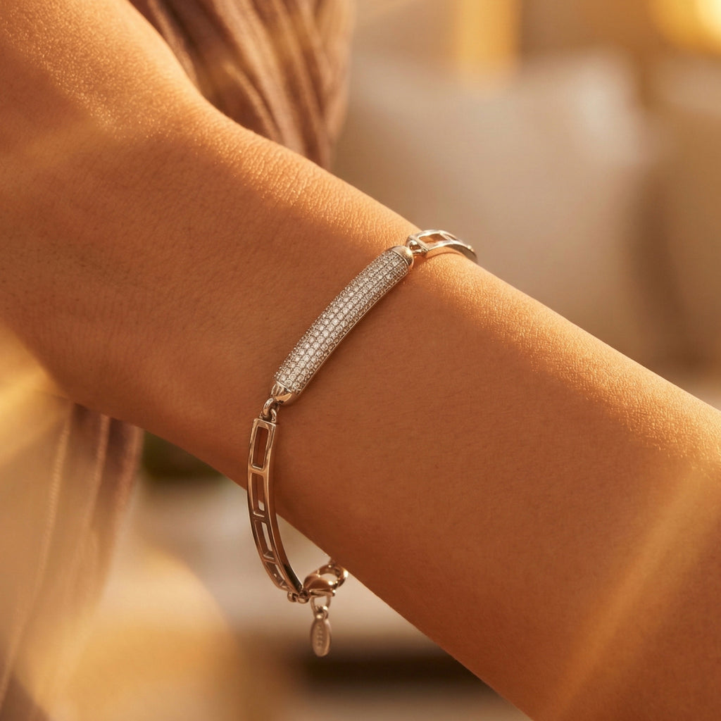 Silver Greek Key Pave Bar Link Bracelet