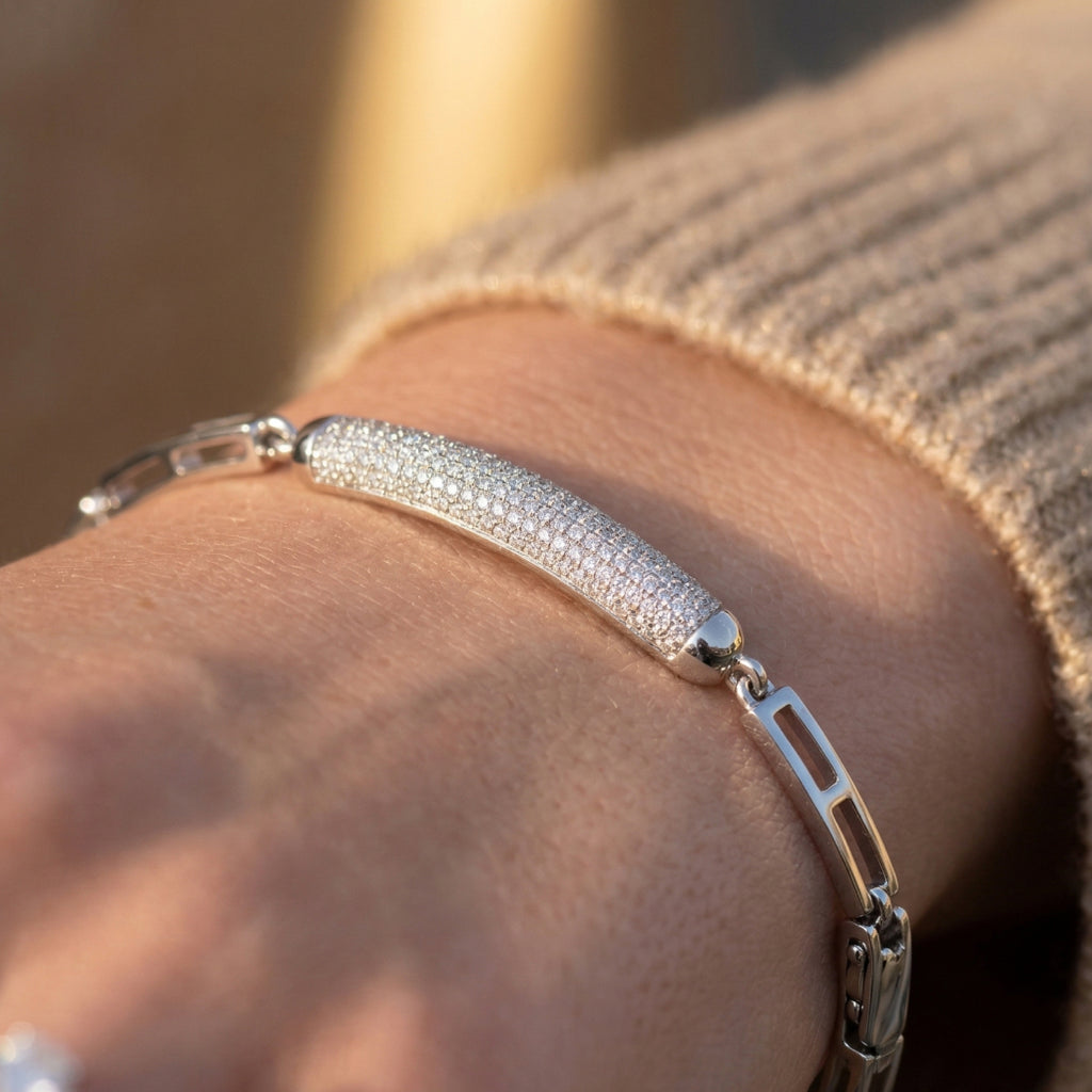 Silver Greek Key Pave Bar Link Bracelet