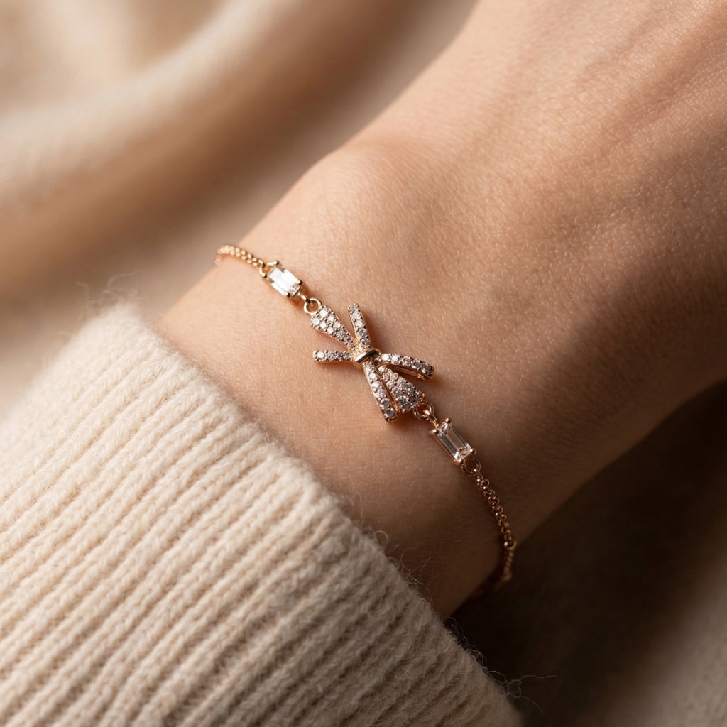 Rose Gold Pave Bow Baguette Chain Bracelet