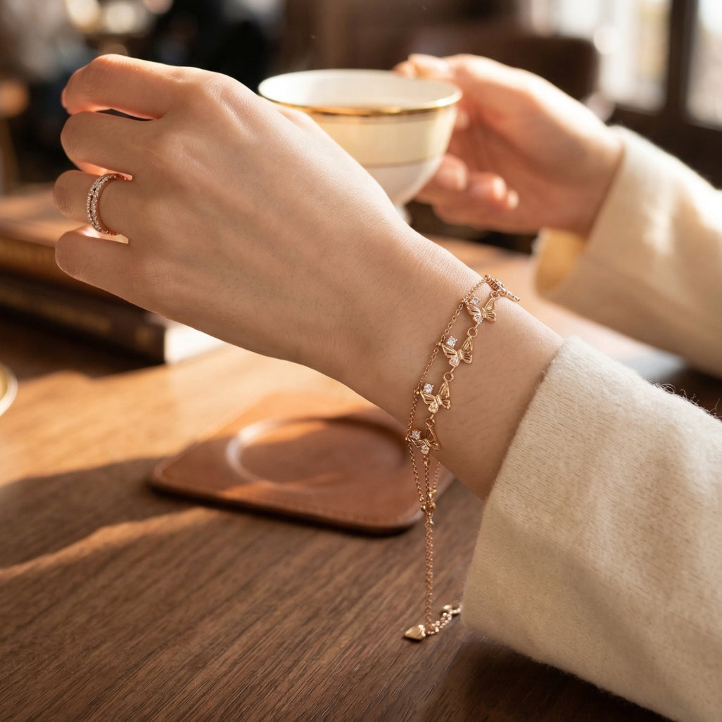 Rose Gold Butterfly Cascade Double Chain Bracelet