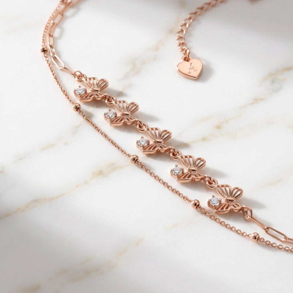 Rose Gold Butterfly Cascade Double Chain Bracelet