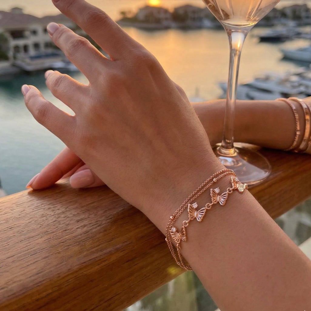 Rose Gold Butterfly Cascade Double Chain Bracelet