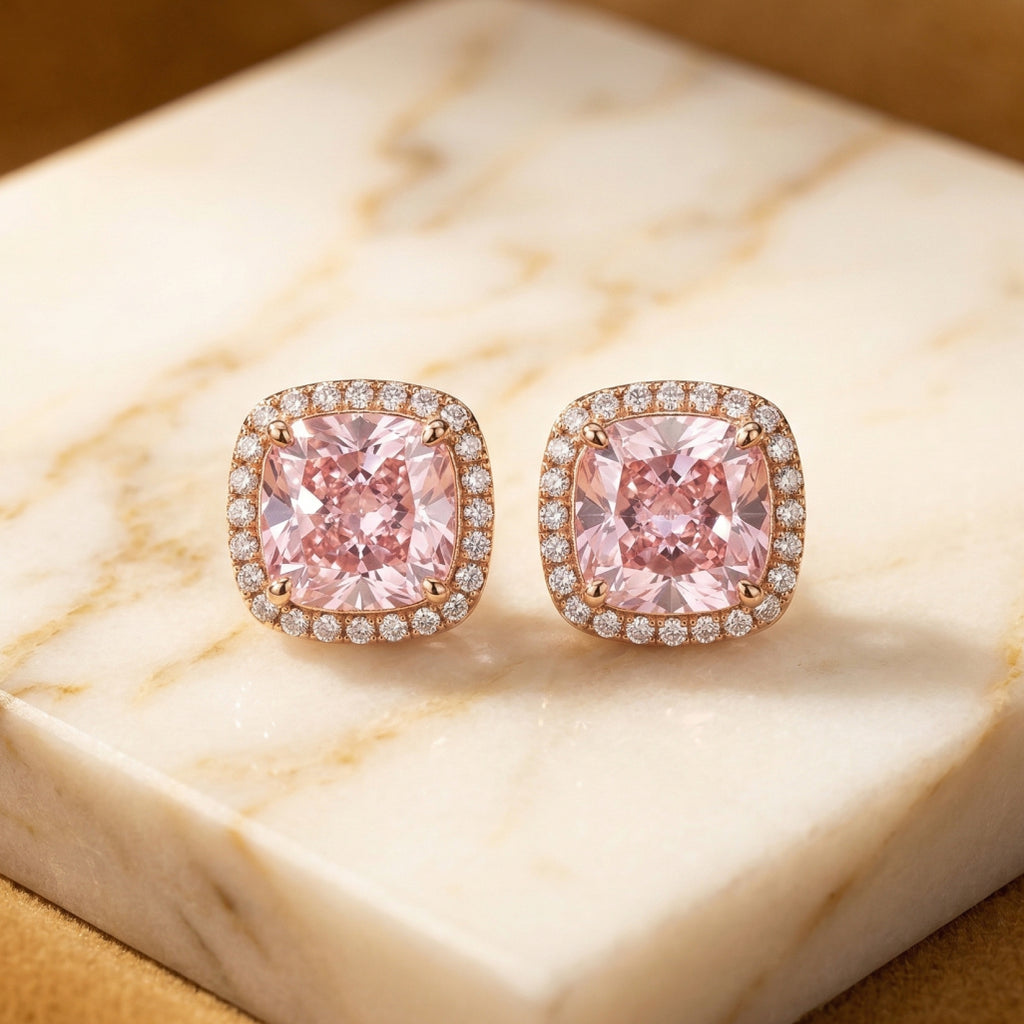 Pink Cushion Stone Square Border Studs