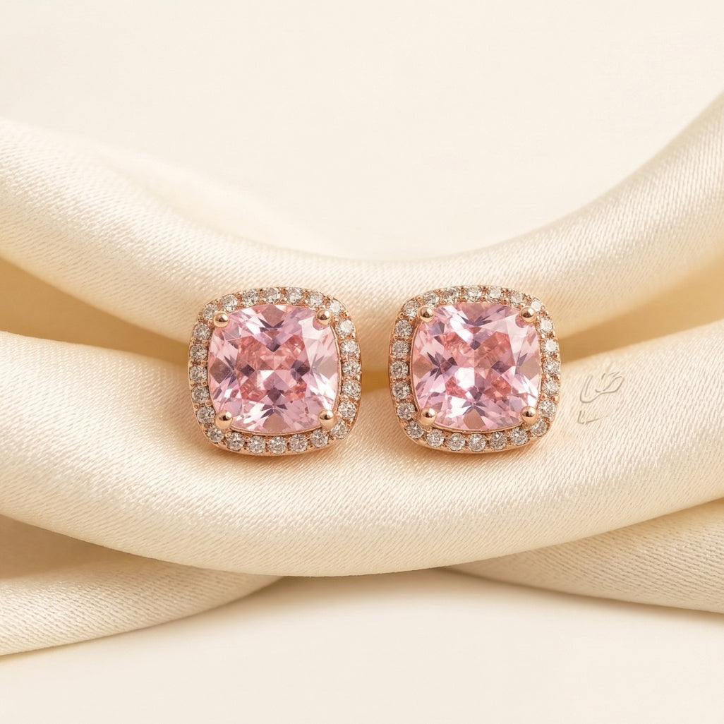 Pink Cushion Stone Square Border Studs