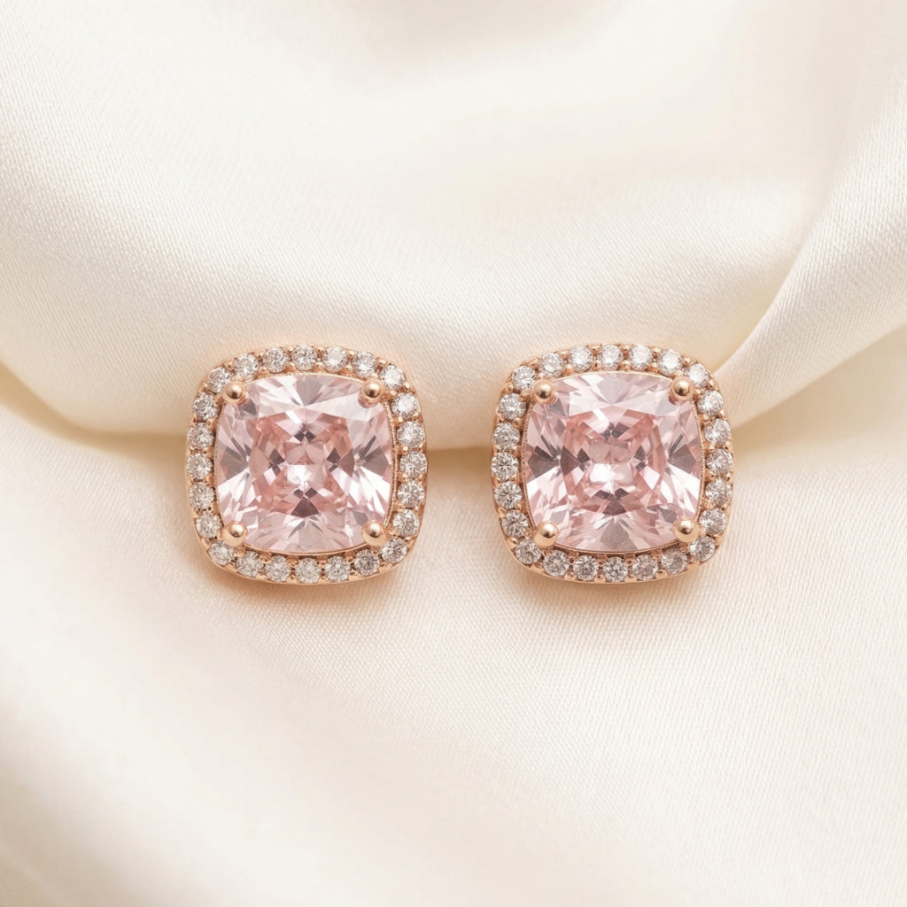 Pink Cushion Stone Square Border Studs