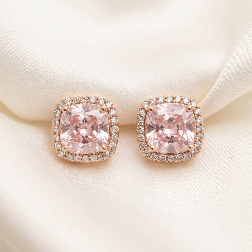 Pink Cushion Stone Square Border Studs