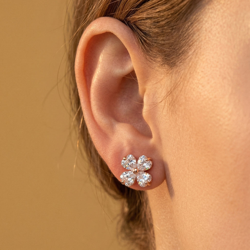 Four Heart Stone Clover Stud Earrings