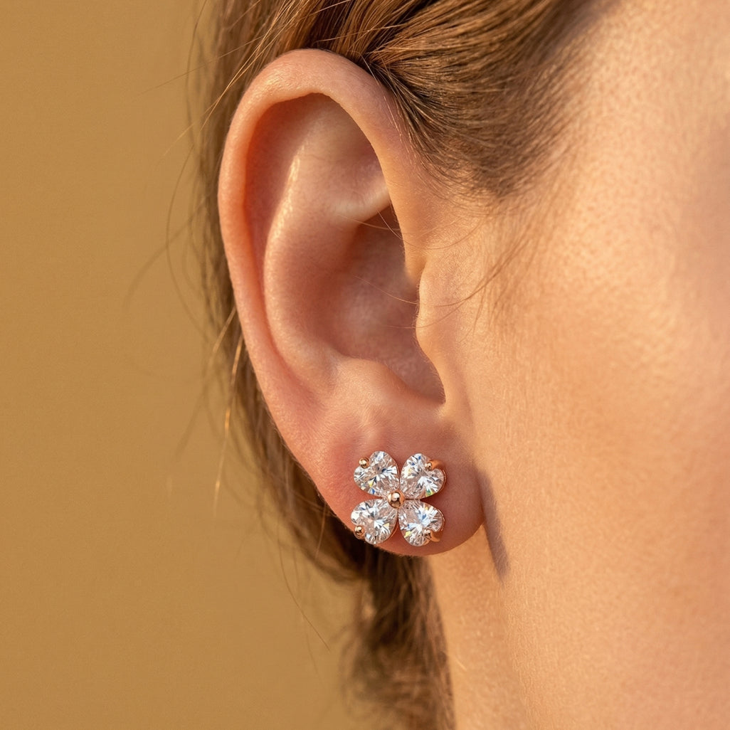 Four Heart Stone Clover Stud Earrings