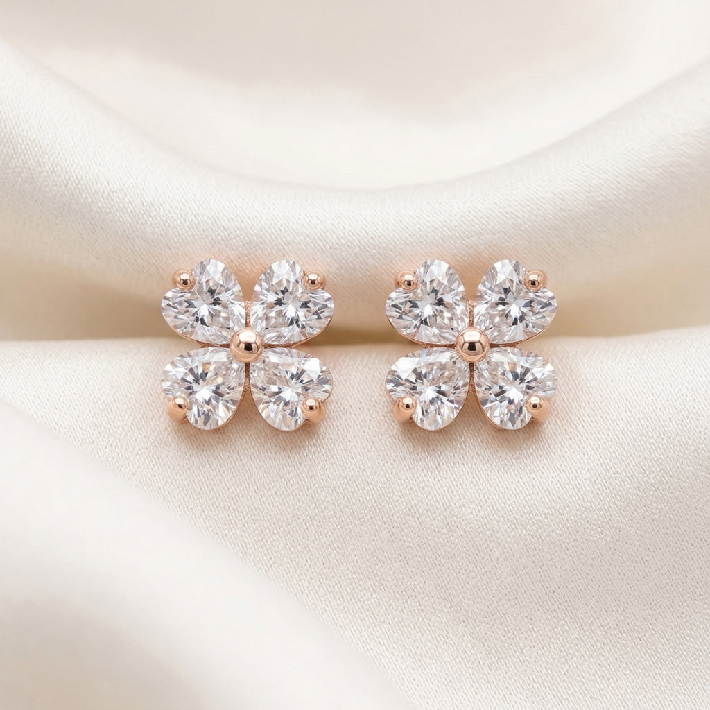 Four Heart Stone Clover Stud Earrings