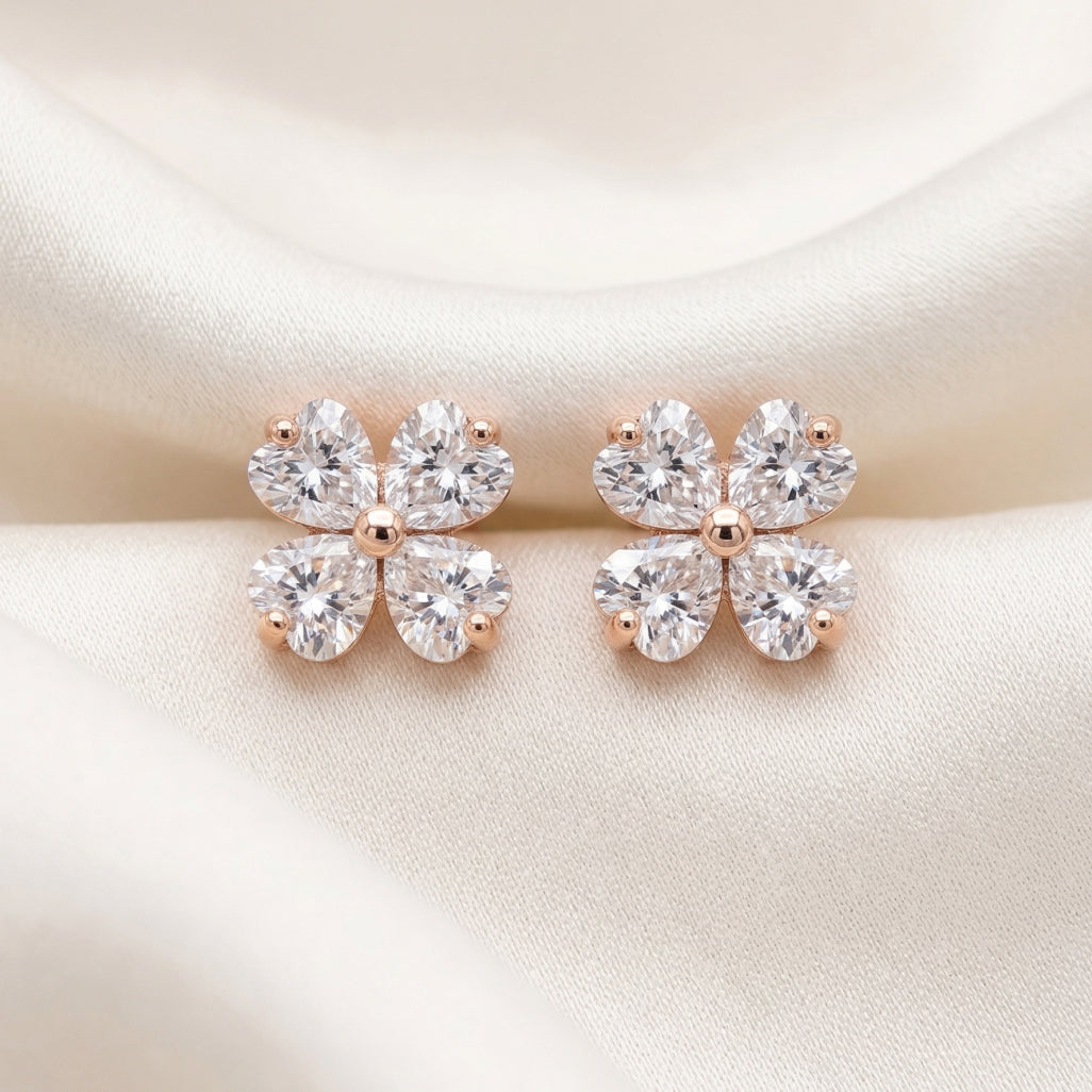 Four Heart Stone Clover Stud Earrings