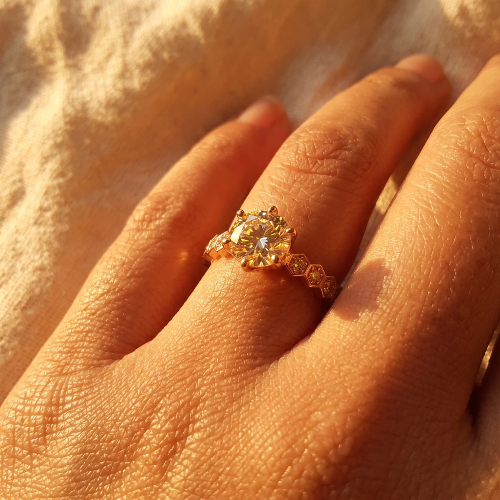 Hexagon Band Stone Ring Rose Gold Plated Silver