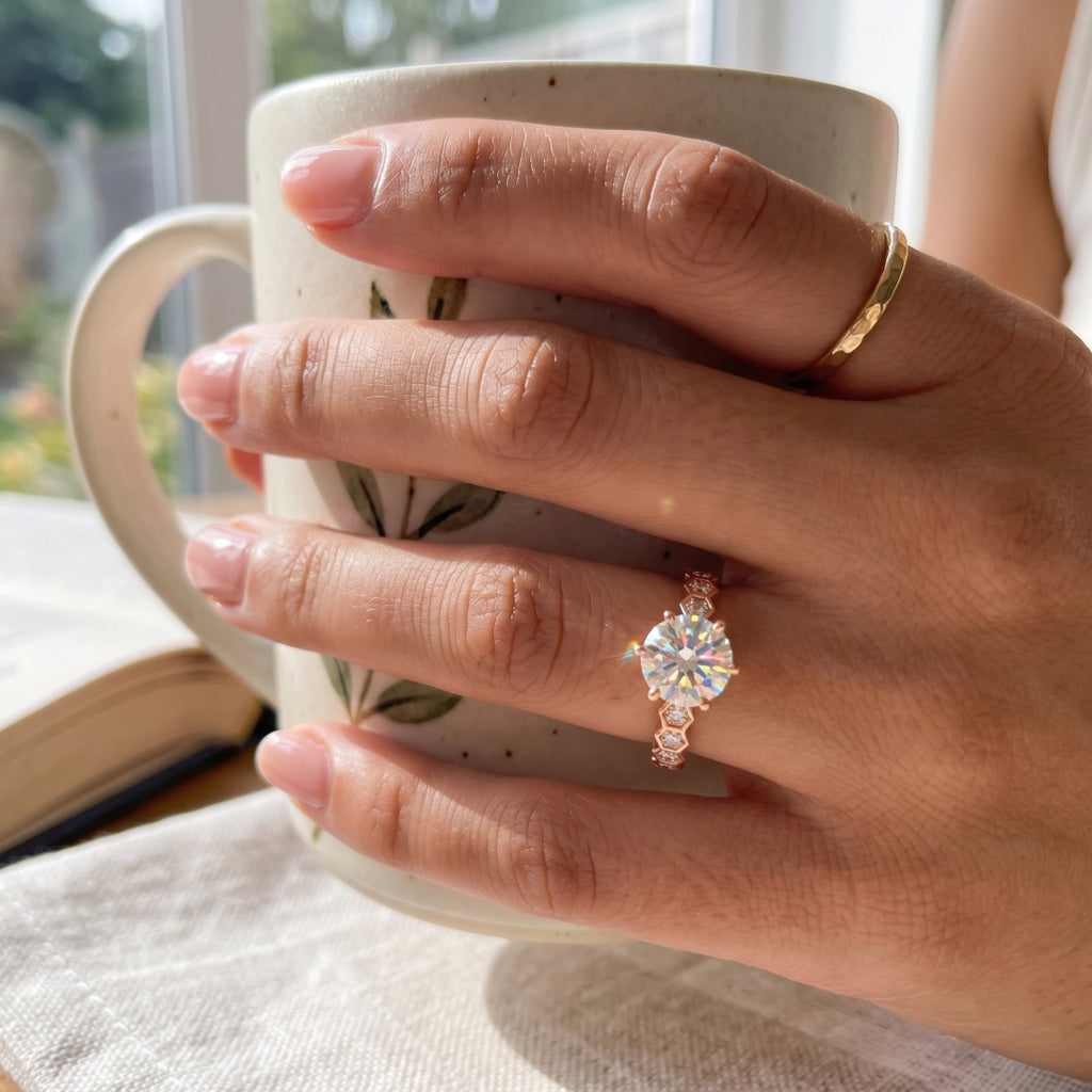 Hexagon Band Stone Ring Rose Gold Plated Silver