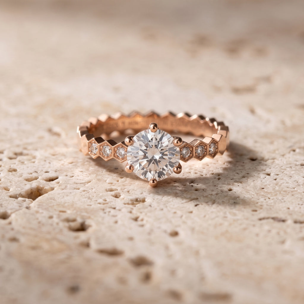 Hexagon Band Stone Ring Rose Gold Plated Silver