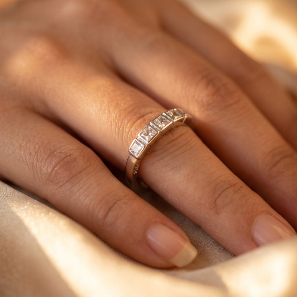 Five Square Stone Band Ring 925 Silver