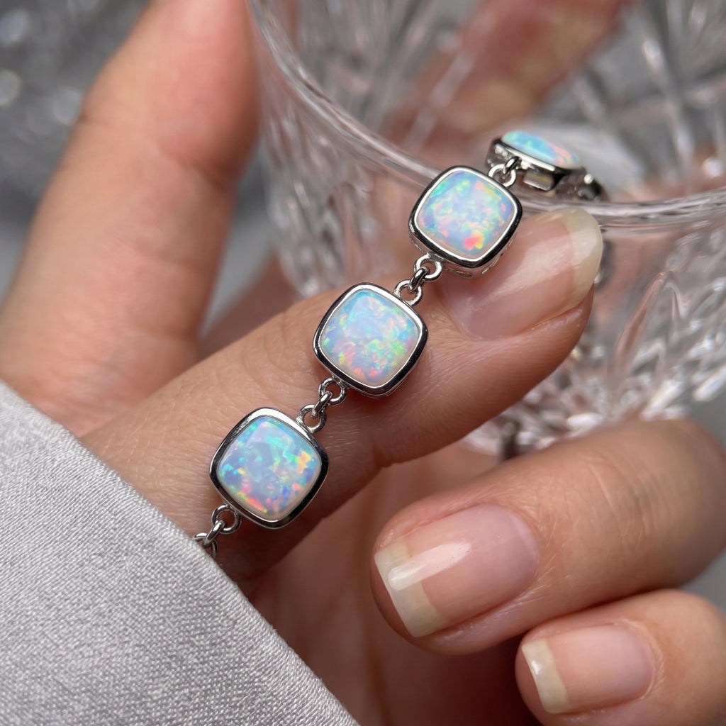 Silver Opal Cushion Link Bracelet