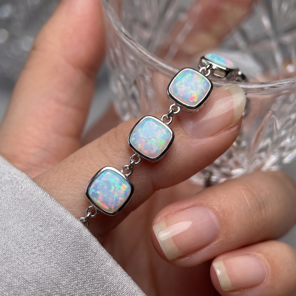 Silver Opal Cushion Link Bracelet