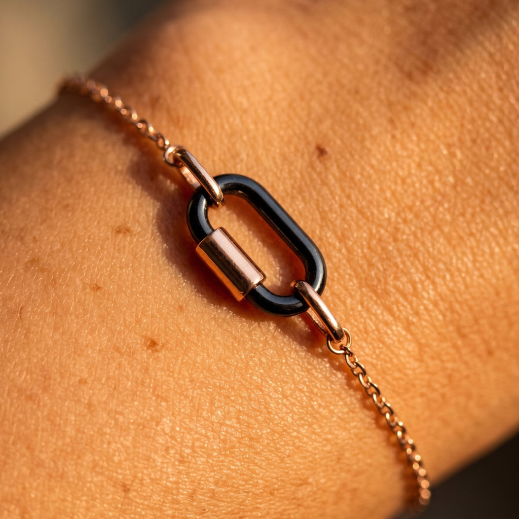 Rose Gold Black Enamel Oval Link Chain Bracelet