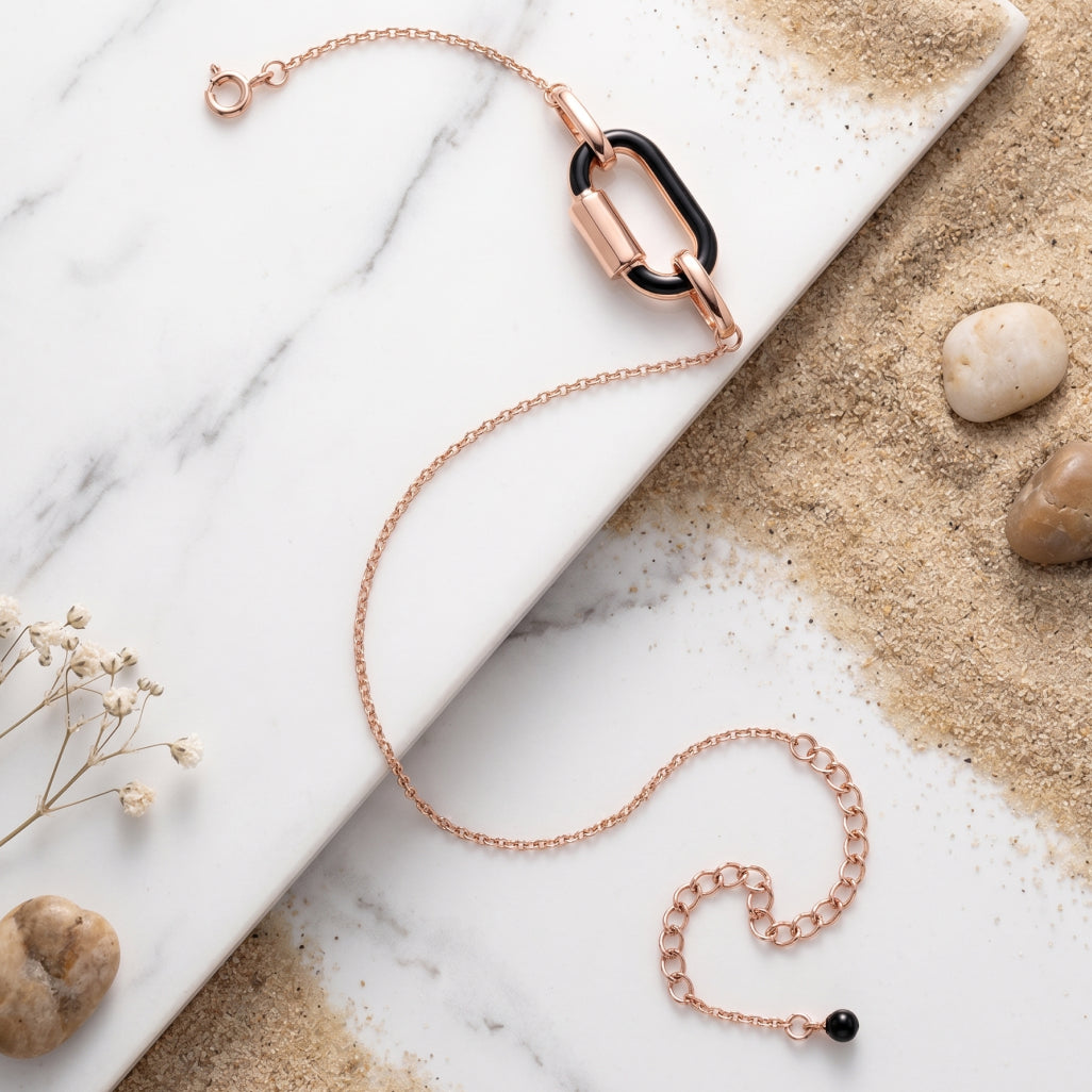 Rose Gold Black Enamel Oval Link Chain Bracelet
