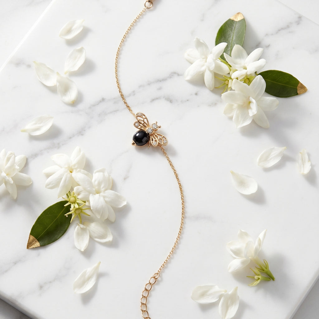 Gold Bee Pearl Charm Chain Bracelet