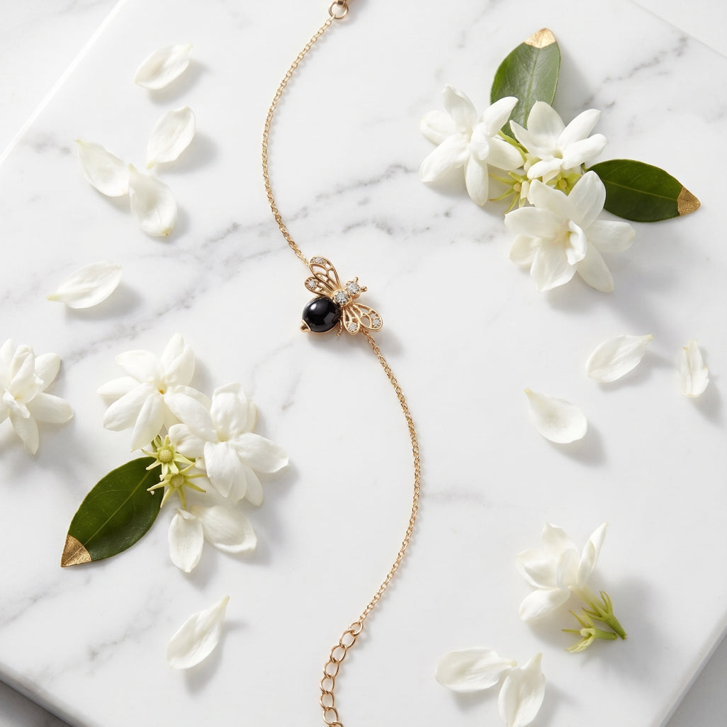 Gold Bee Pearl Charm Chain Bracelet