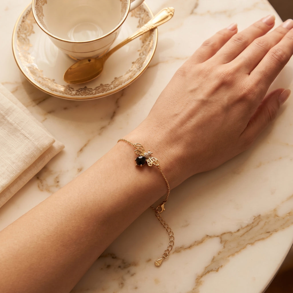 Gold Bee Pearl Charm Chain Bracelet