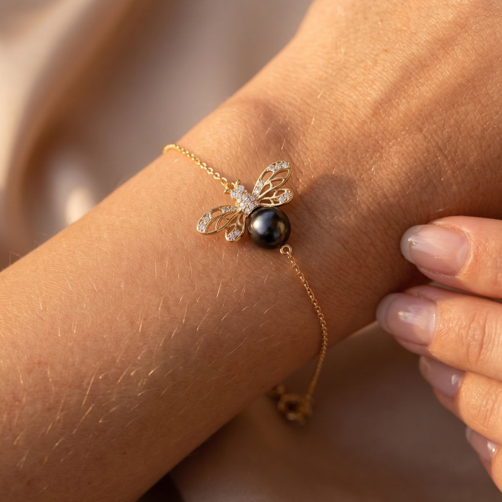 Gold Bee Pearl Charm Chain Bracelet