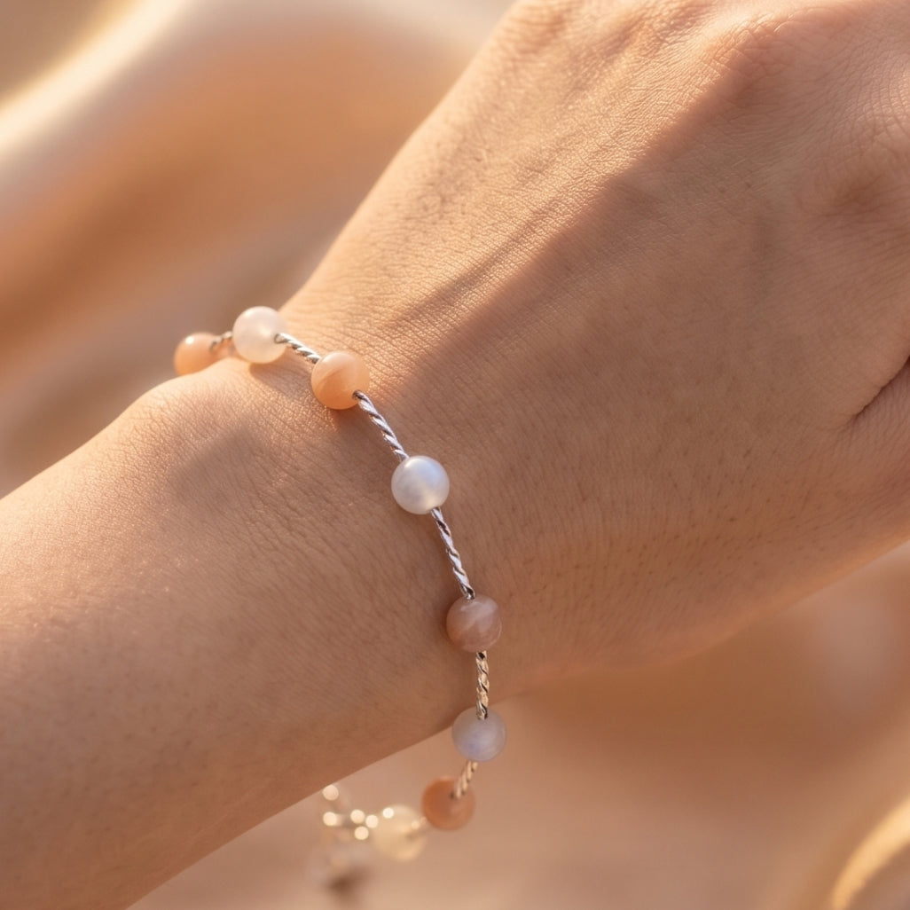 Silver Peach Moonstone Bead Twisted Bar Bracelet