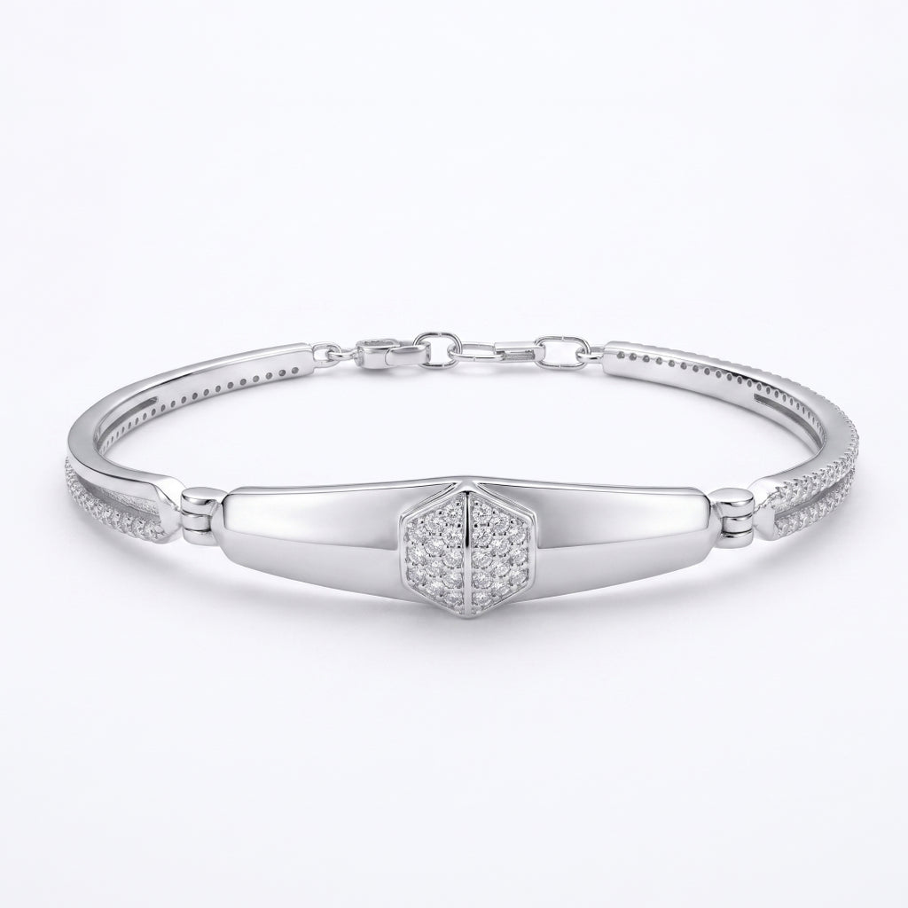 Silver Hexagon Pave ID Bar Double Band Bangle