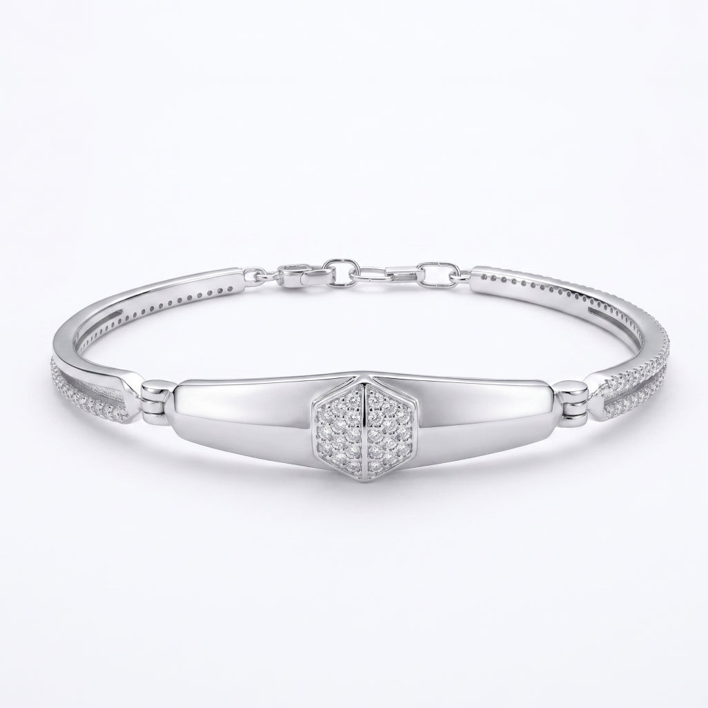Silver Hexagon Pave ID Bar Double Band Bangle
